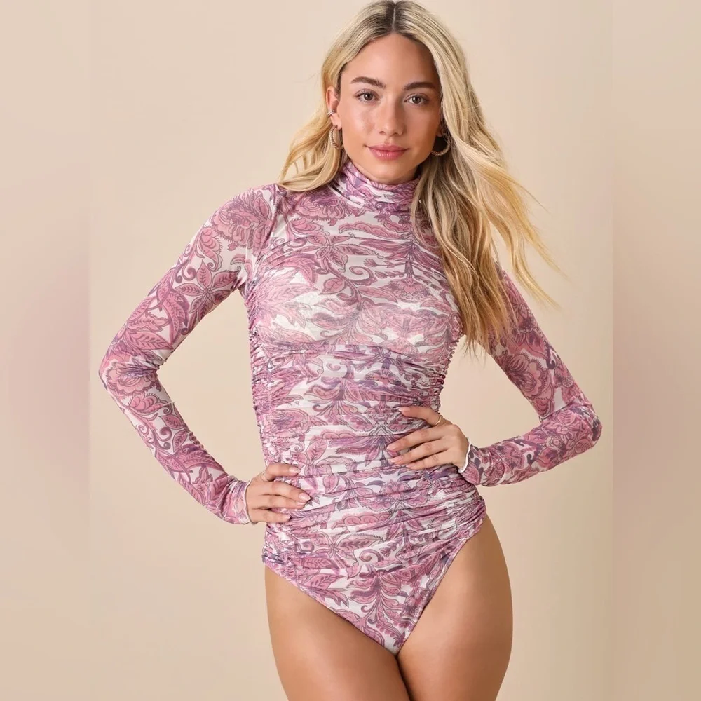 Free People X REVOLVE Under It All Bodysuit Ruched Long Sleeve Peony Combo XS